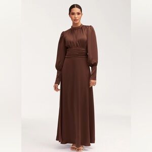 NWT Veiled Collection Pleated Waist Satin Maxi Dress - Chocolate
